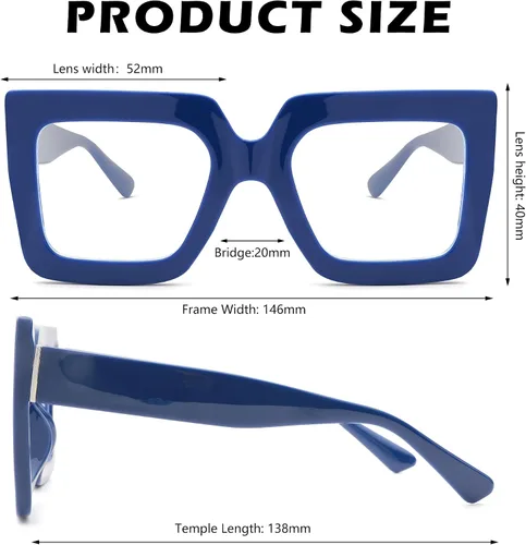 Vista 3 de Gafas de luz azul de gran tamaño para mujer, marco cuadrado grueso, elegantes gafas sin receta A5 Negro + Azul