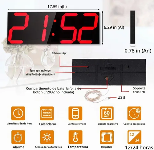Vista 3 de Goetland Reloj de pared digital de gran tamaño de 18 pulgadas LED moderno pantalla grande temperatura multifuncional control remoto 4 dígitos