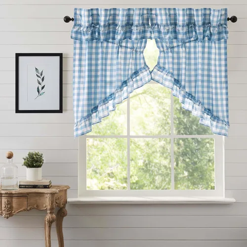 Vista 15 de VHC Brands Annie Buffalo - Cortinas de cocina de algodón a cuadros con bolsillo para barra, cordón de amarre con volantes, par de botes de pradera