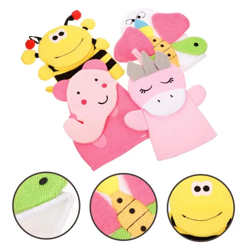 Vista 2 de 4 guantes de baño de dibujos animados, guantes exfoliantes suaves para el cuidado de la piel delicada, adecuados para baño (estilo aleatorio), 4