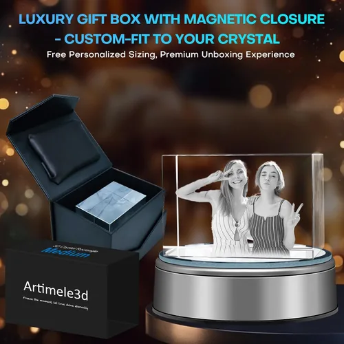 Vista 7 de Marco de Fotos Personalizado de Cristal 3D Rectangular Pequeño (Horizontal) – Premium: Base LED Multicolor, Envoltorio para Regalo y Tarjeta 3D