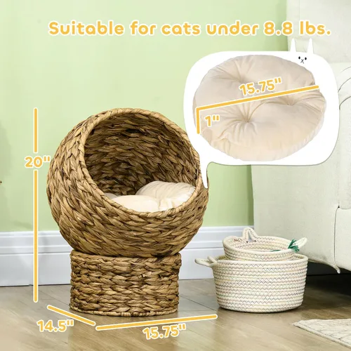 Vista 7 de PawHut Cama elevada tejida a mano para gatos con cojín suave y forma de silla de huevo, cama de cesta con soporte, casa de mimbre elevada para gatos