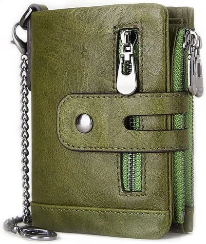 Vista 10 de boshiho Carteras de cuero auténtico con bloqueo RFID para hombre, billetera de doble pliegue con bolsillo para monedas con cremallera, con cadena