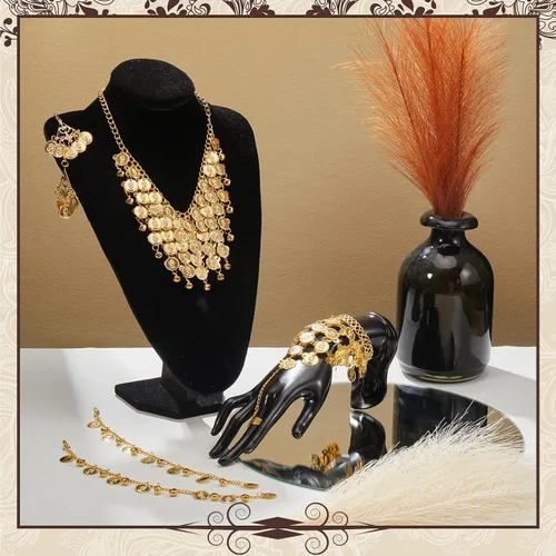 Vista 4 de Panitay 1 juego de disfraz gitano para mujer, bufanda para la cabeza, bufanda de cadera con monedas, aretes de danza del vientre, collar, pulsera