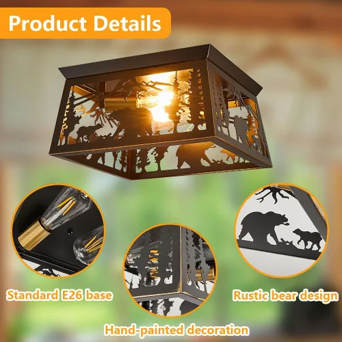 Vista 4 de Lámpara rústica, lámpara de techo empotrada de 2 luces, diseño de oso de metal para dormitorio, vestíbulo, entrada, pasillo, montaje en techo