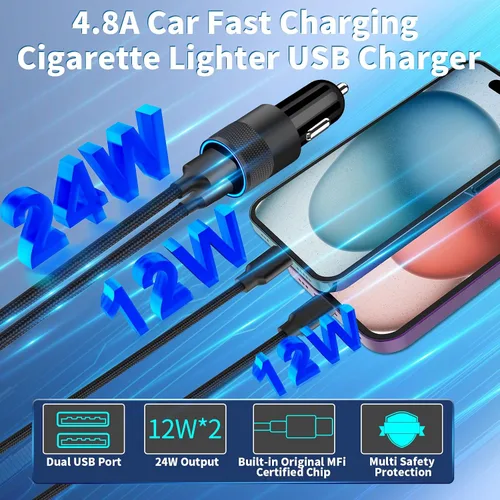 Vista 5 de Apple MFi Certified iPhone 17 Car Charger, 4.8A Dual USB Car Phone Charger