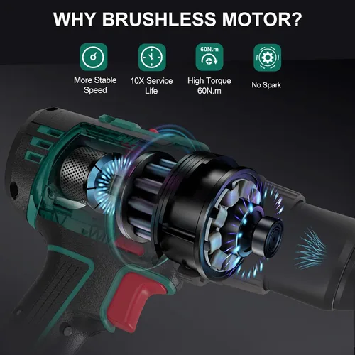 Vista 2 de HYCHIKA - Taladro inalámbrico de 20 V máximo, taladro sin escobillas, par máximo de 530 pulgadas-libras, batería de 2.0 AH cargador rápido de 1 H