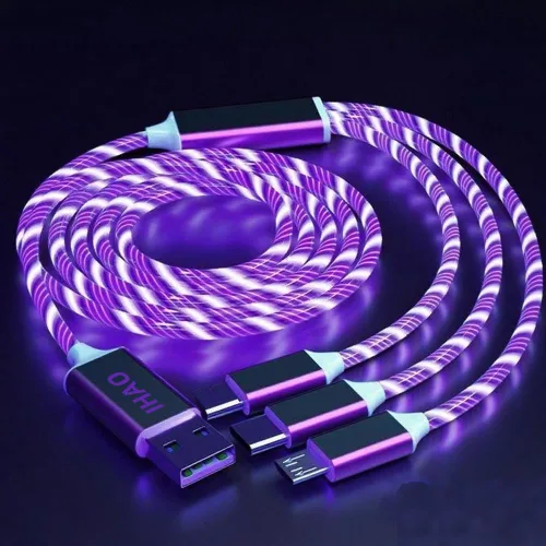 Vista 21 de IHAO Cable de carga multipuerto, 3 combinaciones en un cable USB A a USB C/Micro USB PD, cable de carga rápida iluminado LED que fluye compatible