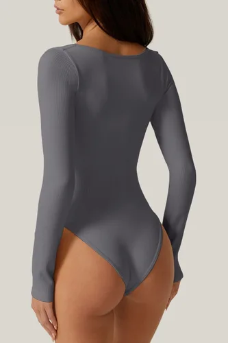 Vista 2 de Meyeeka Body de manga larga con cuello corazón para mujer, sin costuras, básica, elástica