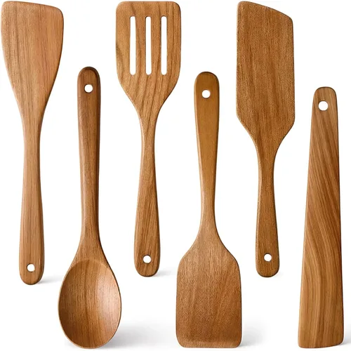 Vista 10 de 2 piezas de juego de espátulas de madera para cocinar Utensilios de cocina de teca no tóxicos sin BPA, espátula ranurada para panqueques, espátula 2