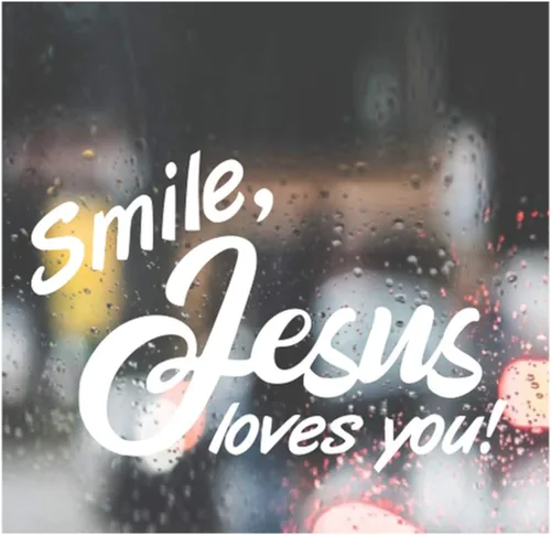 Vista 2 de Calcomanía de vinilo personalizada para coche con sonrisa Jesús te ama, calcomanía para parachoques de auto, camión, laptop, color blanco