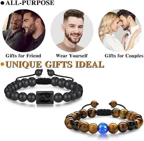 Vista 6 de Pulseras del zodiaco para hombres y mujeres, hechas a mano de 0.315 in de ojo de tigre natural y piedra de ágata mate para hombre, pulseras