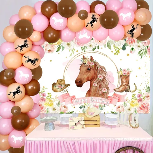 Vista 2 de Decoración para fiesta de vaquera occidental, fondo de fotos de caballo de carreras con flores rosas y kit de arco de guirnalda de globos