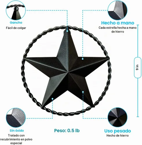 Vista 2 de Estrella de granero de estrella de metal de bronce oscuro, arte rústico de pared occidental, cuerda trenzada de 9 pulgadas