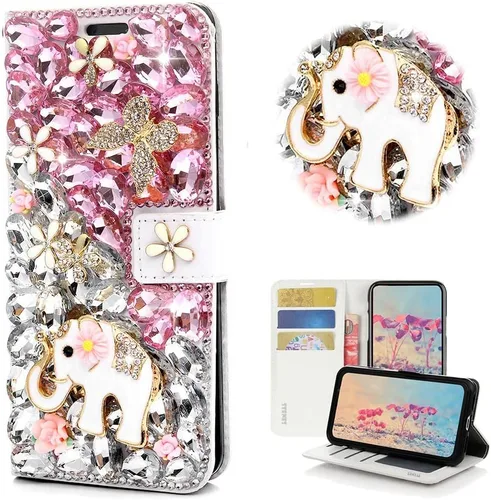 Vista 14 de Bling - Funda tipo cartera para teléfono compatible con Samsung Galaxy Z Fold 3 5G, elegante, hecha a mano en 3D con lazo de cristal, bolsa de rosa