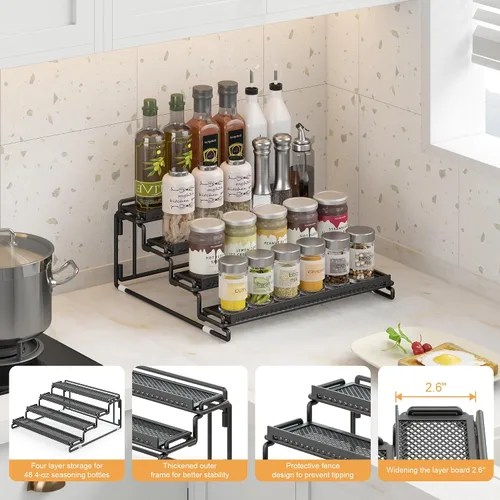 Vista 4 de Organizador de especias de 4 niveles para gabinete, color negro (paquete de 2), estante para especias con barandilla de protección para armarios