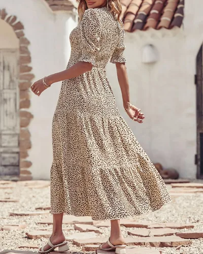 Vista 137 de BTFBM Vestidos para mujer, cuello redondo, casual, de verano, con volantes, manga corta, bohemio, con niveles, fruncido, largo, con estampado floral