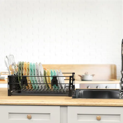 Vista 5 de SIMPLE HOUSEWARE Escurridor de platos con escurridor, soporte para utensilios y ganchos para tazas, organizador de mostrador de cocina de metal negro