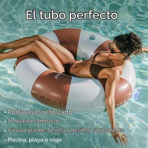 Vista 3 de FUNBOY Flotador de piscina vintage de 46 pulgadas a rayas marrones y azules con soporte para tazas