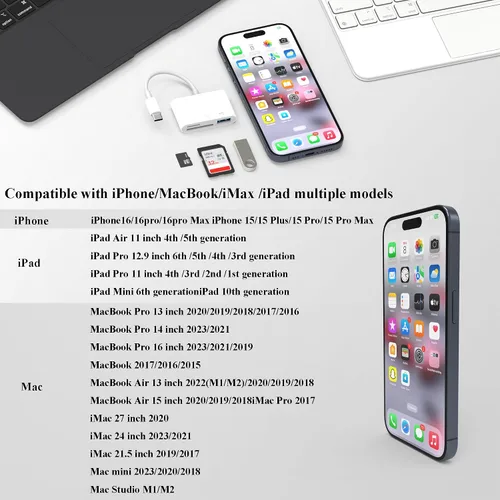 Vista 6 de Lector de tarjetas SD USB C para iPhone 17/16/15, Android, adaptador de cámara digital 3 en 1 iPhone, adaptador de tarjeta SD para más dispositivos