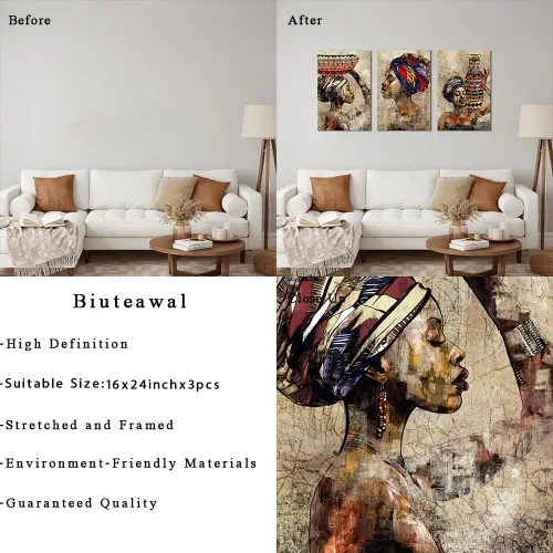 Vista 6 de Biuteawal 3 piezas de arte de pared afroamericano, tribal, negro, niña, estilo étnico, estilo vintage, marrón, pintura abstracta para dormitorio