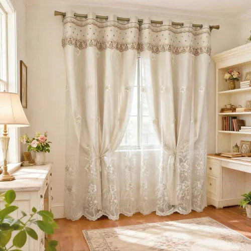 Vista 9 de Amidoudou 1 par de cortinas europeas de doble capa para sala de estar, dormitorio, cortinas bordadas de flores de lujo con cenefa