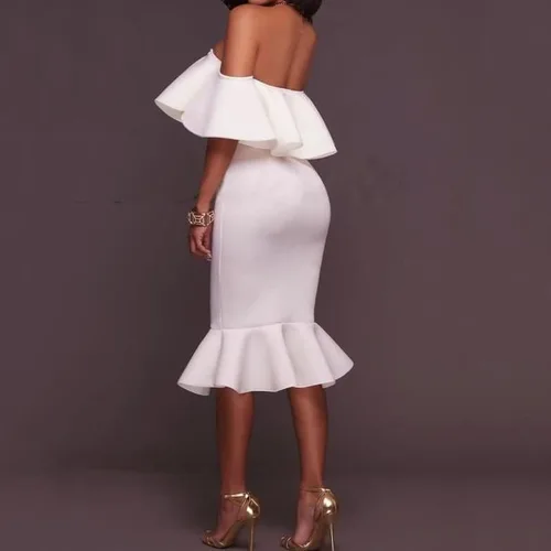 Vista 4 de Vestido de maternidad con volantes y hombros descubiertos para baby shower, manga corta, vestido de embarazo formal de sirena para mujer