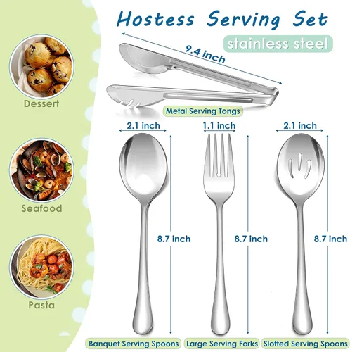Vista 2 de Herogo Juego de 12 utensilios de acero inoxidable para servir, cucharas de 8.7 pulgadas, cucharas ranuradas, tenedores, pinzas de servir de 9.4