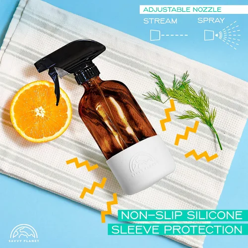 Vista 3 de SAVVY PLANET Botellas vacías de vidrio ámbar con protección de funda de silicona, recipientes recargables de 16 onzas para productos de limpieza