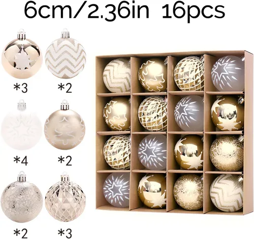 Vista 2 de 16 piezas Adornos de árbol de Navidad - Juego de adornos de bola de Navidad dorados para Navidad, festividades, coronas y decoraciones de fiesta
