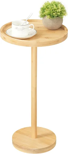 Vista 11 de HOOBRO Mesa auxiliar redonda pequeña, mesa de bebidas de bambú, mesa de café Martini con acento de pedestal para espacios pequeños en sala de estar