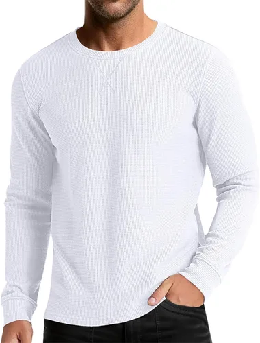 Vista 12 de Camiseta de punto gofre para hombre, camiseta casual de manga larga con cuello redondo, ropa de verano para hombre, camisa clásica básica sólida
