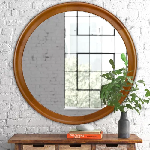 Vista 15 de Espejos redondos de 24 pulgadas, espejo de pared rústico decorativo de transición de nogal oscuro con grano de madera para baño, espejo de tocador