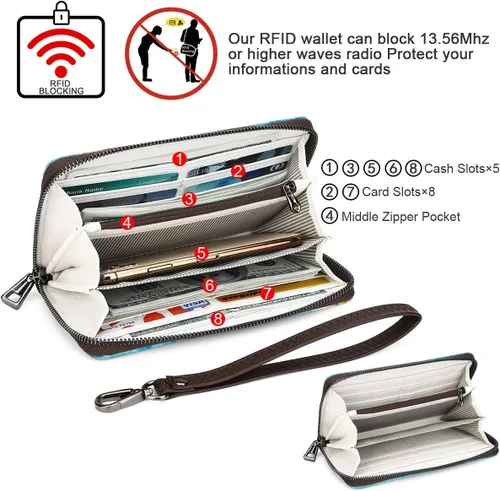 Vista 3 de APHISON - Billetera para mujer con bloqueo RFID tarjetero monedero porta teléfono estilo caricatura cartera con pulsera para damasniñas caja