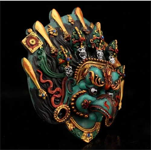 Vista 3 de Máscara decorativa tradicional tallada a mano, máscaras de Nepal, máscara de resina pintada tallada a mano, 5 x 6 pulgadas