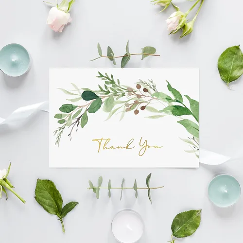Vista 5 de Whaline Greenery - Tarjetas de agradecimiento a granel, paquete de 36 tarjetas de felicitación de eucalipto de papel dorado con sobres, calcomanías
