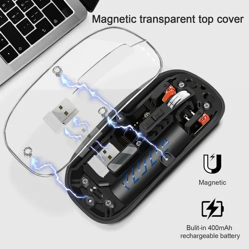 Vista 4 de Ratón inalámbrico, mouse de computadora con conectividad de modo dual (2.4G + BT5.2), mouse óptico con carcasa transparente, batería recargable