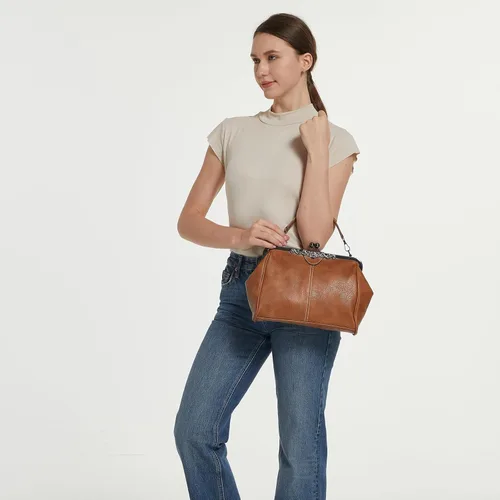 Vista 2 de Bolsos vintage para mujer Kiss Lock para mujer, cuero aceitado, bolso de mano