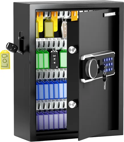 Vista 10 de KornerBatl Caja de bloqueo de llave de 65 posiciones con código, soporte de pared electrónico resistente para llaves con ranura de depósito y luz