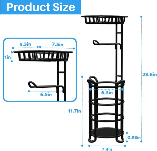 Vista 6 de Soporte de papel higiénico con estante, estante de almacenamiento de rollos de papel higiénico con dispensador para baño, color negro