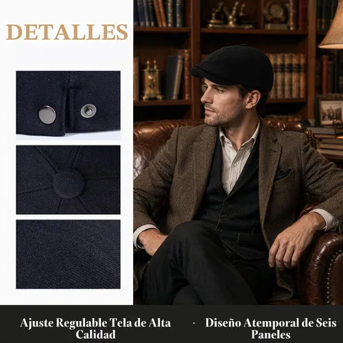 Vista 6 de Newsboy Gorras para hombre, 6 paneles, gorra plana para hombre, sombreros Negro