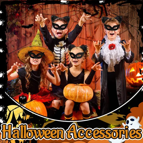 Vista 2 de Crowye 20 piezas de máscara de Halloween negro y gato con brillantina, disfraz de gato cosplay, accesorio de disfraz para mujeres y adultos, niños