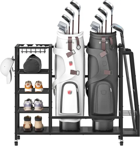 Vista 9 de HOOBRO Golf Bag Storage Garage Organizer, Golf Bag Storage Stand Fits 3 Golf Bags and Golf Equipment Rack with Wheels, Extra Storage Rack for