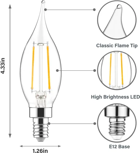 Vista 7 de Bombillas LED E12 para candelabros equivalentes a 60 W, bombillas de vela con punta de llama CA10 regulables, luz blanca suave de 2700 K, bombilla