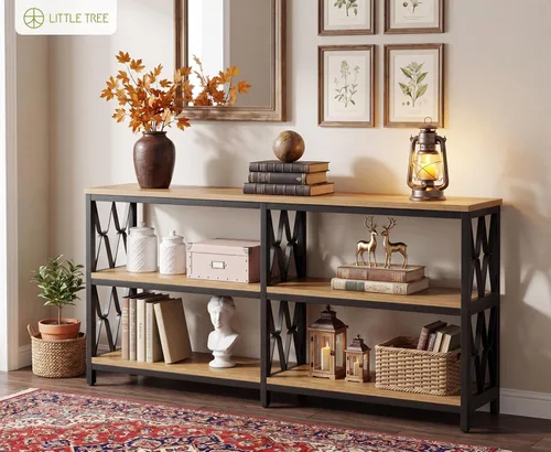 Vista 11 de LITTLE TREE Mesa consola con estantes de almacenamiento, mesa industrial de 3 niveles de 70.9 pulgadas para sala de estar, mesa larga de vestíbulo