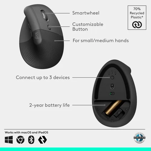 Vista 6 de Logitech Lift - Mouse ergonómico vertical, inalámbrico, Bluetooth o receptor USB, clics silenciosos, 4 botones, mouse inalámbrico para mano derecha