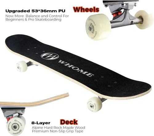 Vista 4 de WHOME Pro - Patineta completa para adultos, jóvenes y niños principiantes, de 31 pulgadas, doble patada, cóncava, 8 capas de arce duro alpino