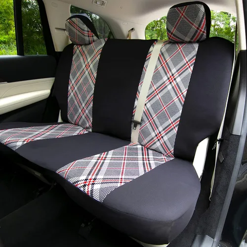 Vista 5 de TLH Fundas universales para asientos de automóvil Tartan57 estampado a cuadros beige, juego completo de fundas para asientos en tela plana