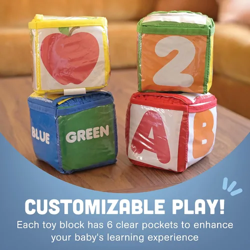 Vista 3 de Constructive Playthings - Juguetes apilables personalizables con bolsillos transparentes para niños de 12 meses+, bloques de construcción de espuma