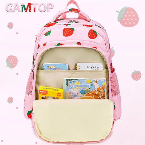 Vista 8 de CAMTOP Mochila para niños y niñas, mochilas preescolares con lonchera, juego de bolsa luminosa para jardín de infantes, rosado (Pink Strawberry)